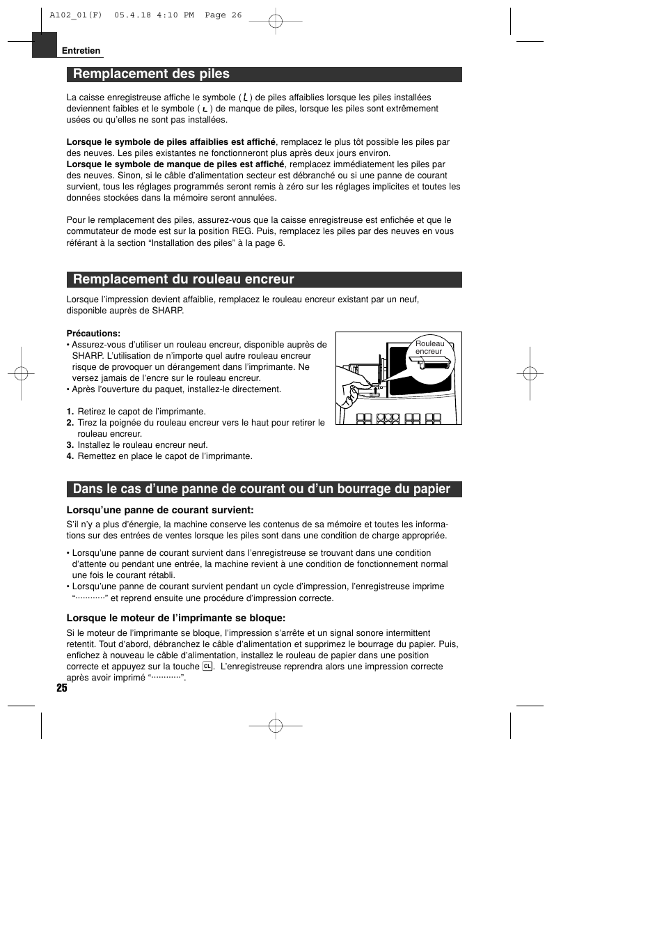 Remplacement du rouleau encreur, Remplacement des piles | Sharp XE-A102B User Manual | Page 82 / 140