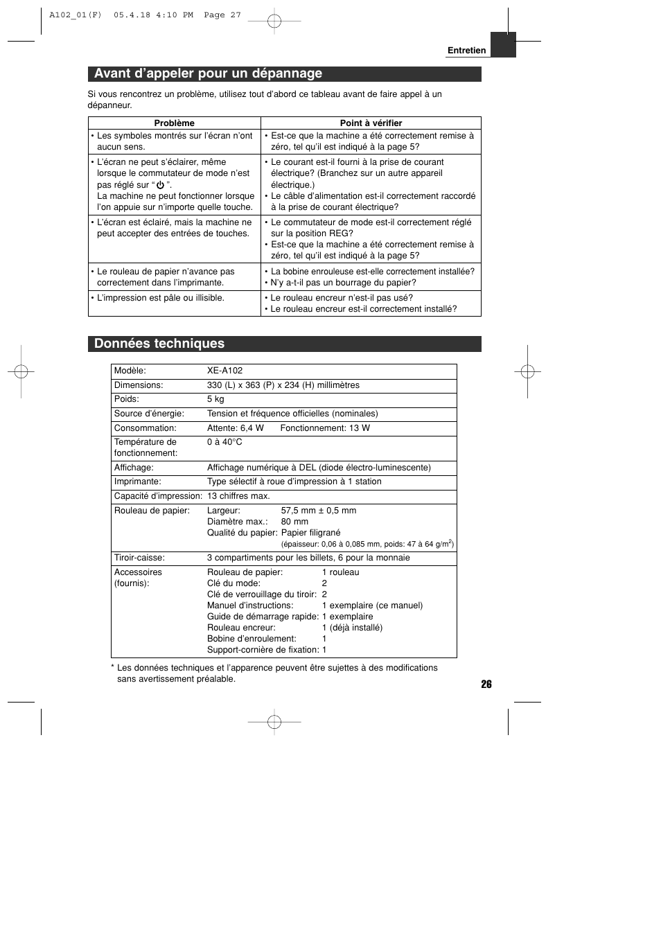 Données techniques, Avant d’appeler pour un dépannage | Sharp XE-A102B User Manual | Page 83 / 140