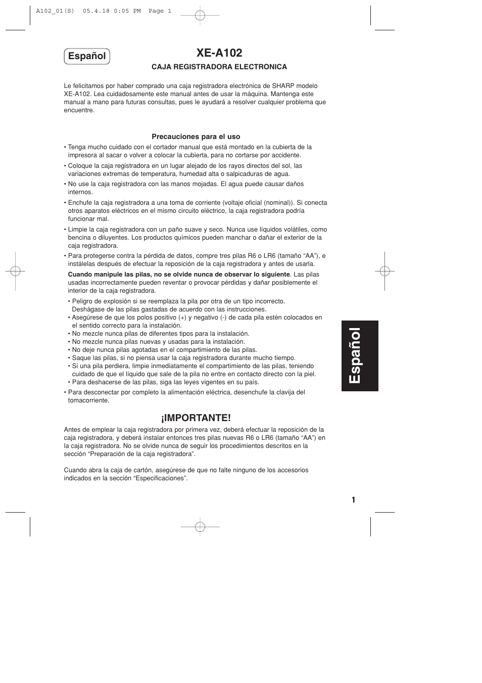 Xe-a102, Importante, Español | Sharp XE-A102B User Manual | Page 85 / 140