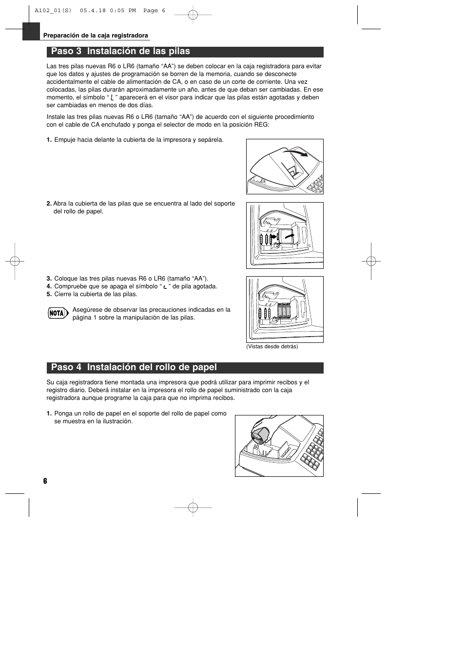 Paso 4 instalación del rollo de papel, Paso 3 instalación de las pilas | Sharp XE-A102B User Manual | Page 90 / 140