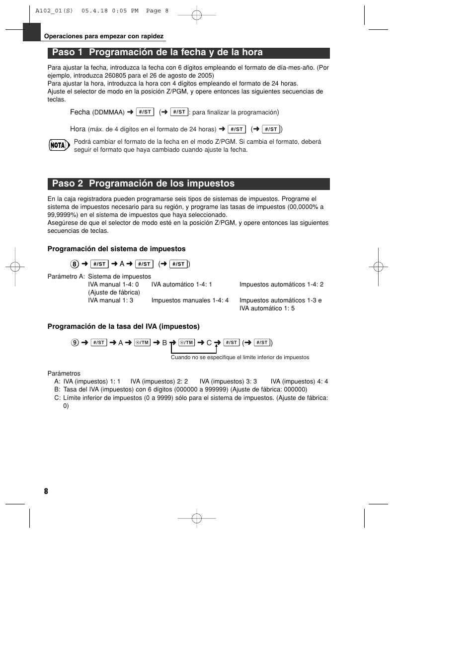 Paso 1 programación de la fecha y de la hora, Paso 2 programación de los impuestos | Sharp XE-A102B User Manual | Page 92 / 140