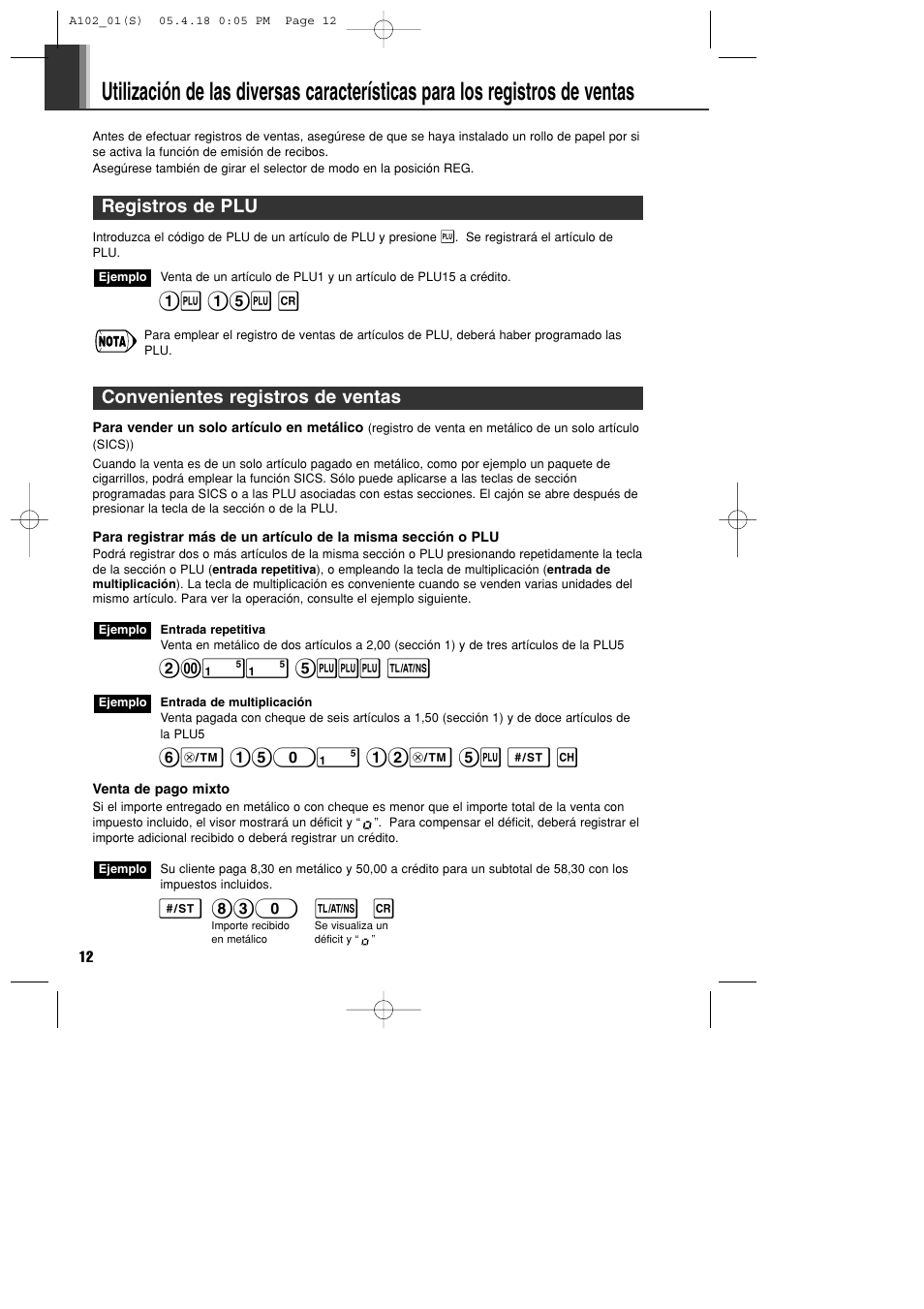 1p 15p r, Registros de plu, !! 5ppp t | S 830 t r, Convenientes registros de ventas | Sharp XE-A102B User Manual | Page 96 / 140