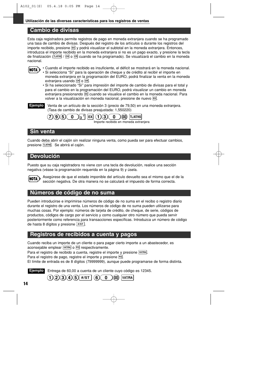 Cambio de divisas, Sin venta, Devolución | Números de código de no suma, Registros de recibidos a cuenta y pagos | Sharp XE-A102B User Manual | Page 98 / 140