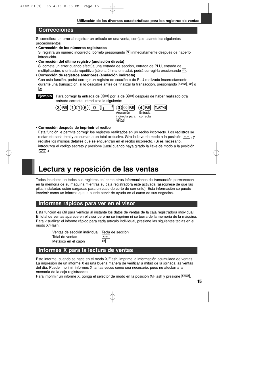 Lectura y reposición de las ventas, Correcciones, Informes rápidos para ver en el visor | Informes x para la lectura de ventas | Sharp XE-A102B User Manual | Page 99 / 140