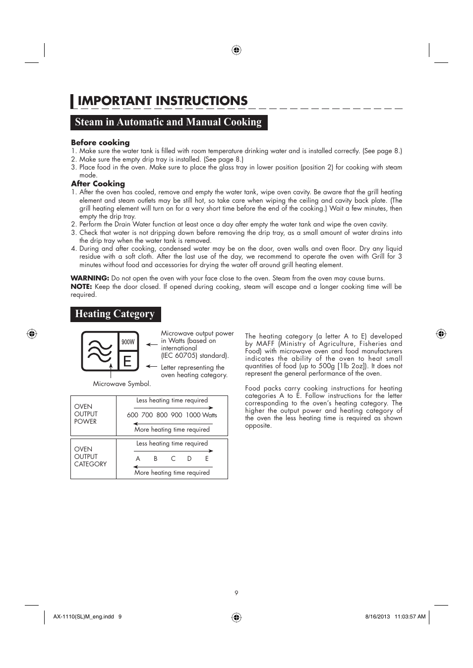 Important instructions, Steam in automatic and manual cooking, Heating category | Sharp AX-1110SLM User Manual | Page 11 / 59