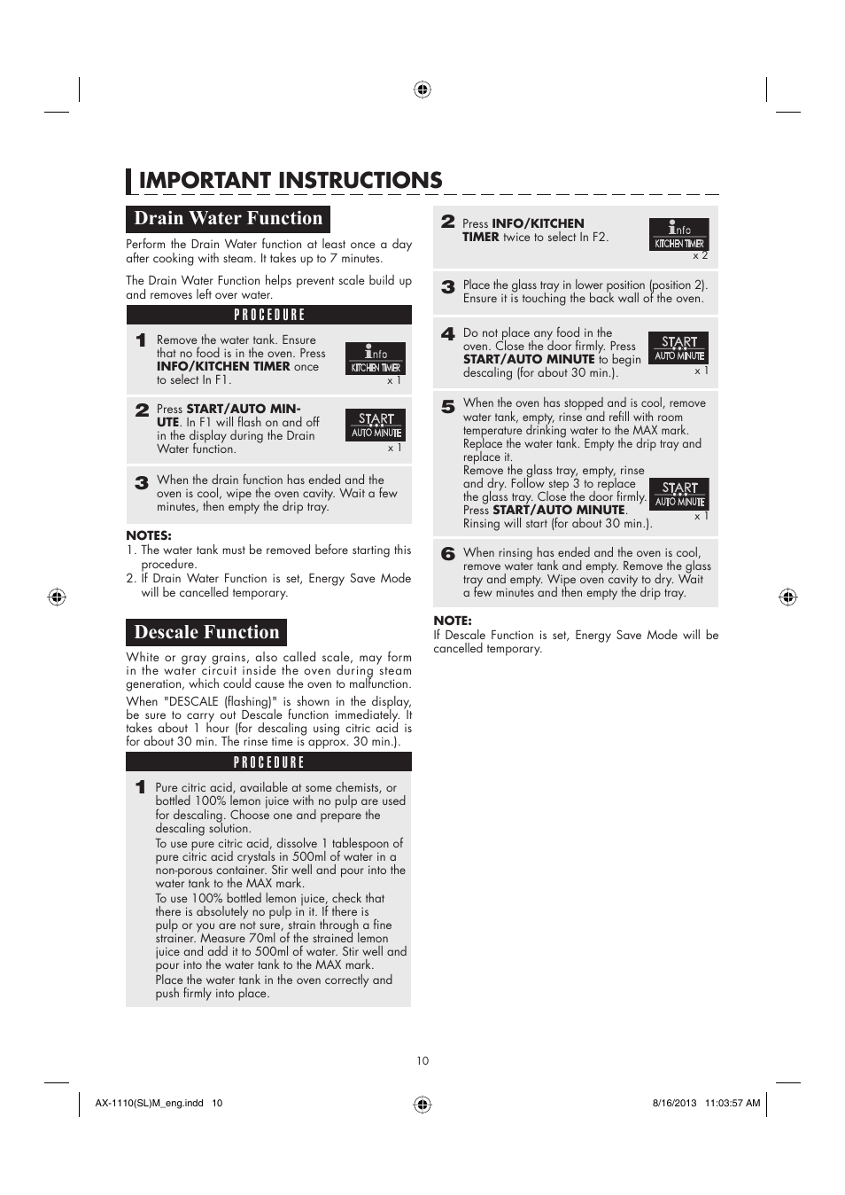 Important instructions, Descale function drain water function | Sharp AX-1110SLM User Manual | Page 12 / 59