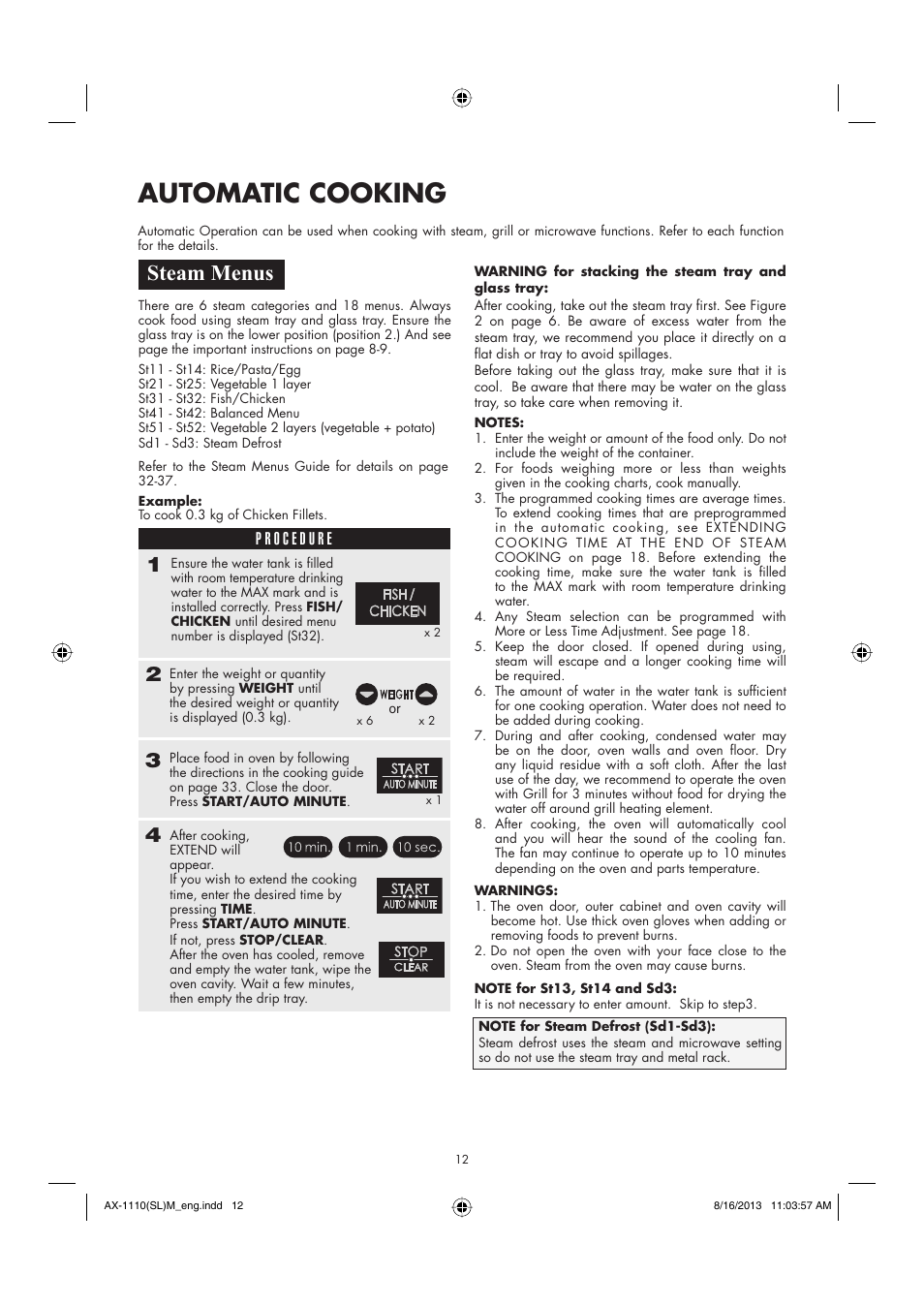 Automatic cooking, Steam menus | Sharp AX-1110SLM User Manual | Page 14 / 59