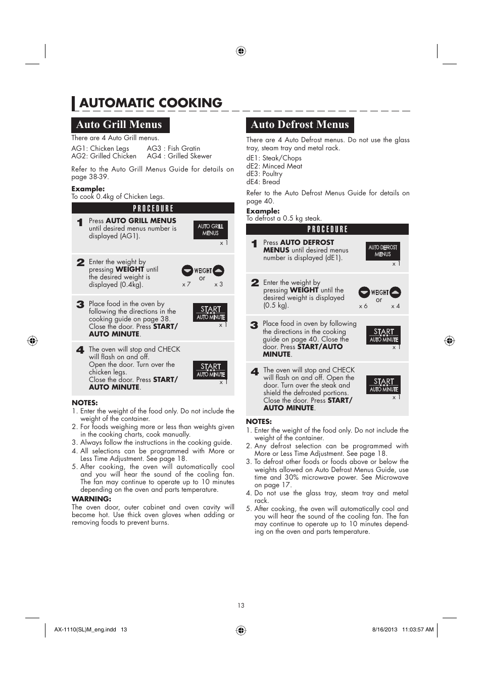 Automatic cooking, Auto defrost menus, Auto grill menus | Sharp AX-1110SLM User Manual | Page 15 / 59