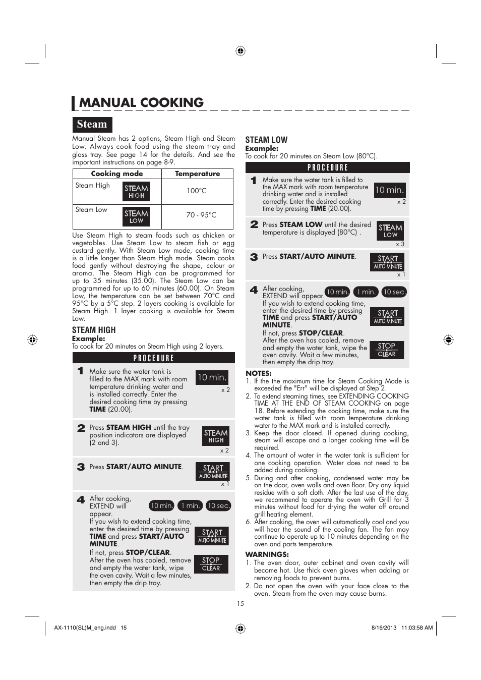 Manual cooking, Steam | Sharp AX-1110SLM User Manual | Page 17 / 59