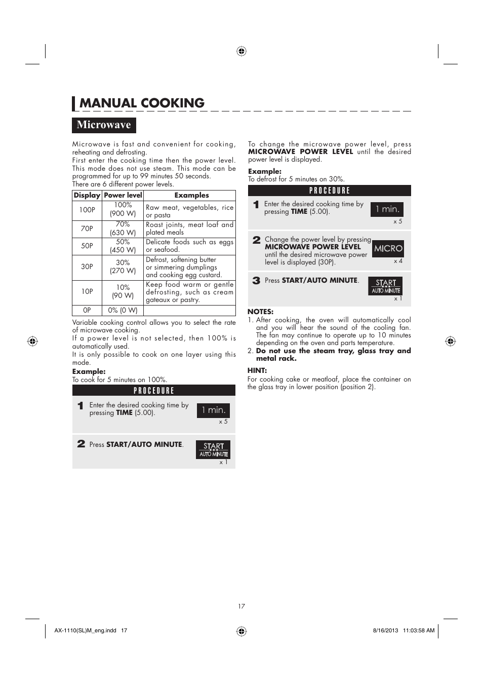 Manual cooking, Microwave | Sharp AX-1110SLM User Manual | Page 19 / 59