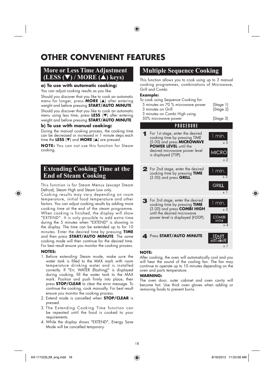 Other convenient features, Extending cooking time at the end of steam cooking, Multiple sequence cooking | Sharp AX-1110SLM User Manual | Page 20 / 59