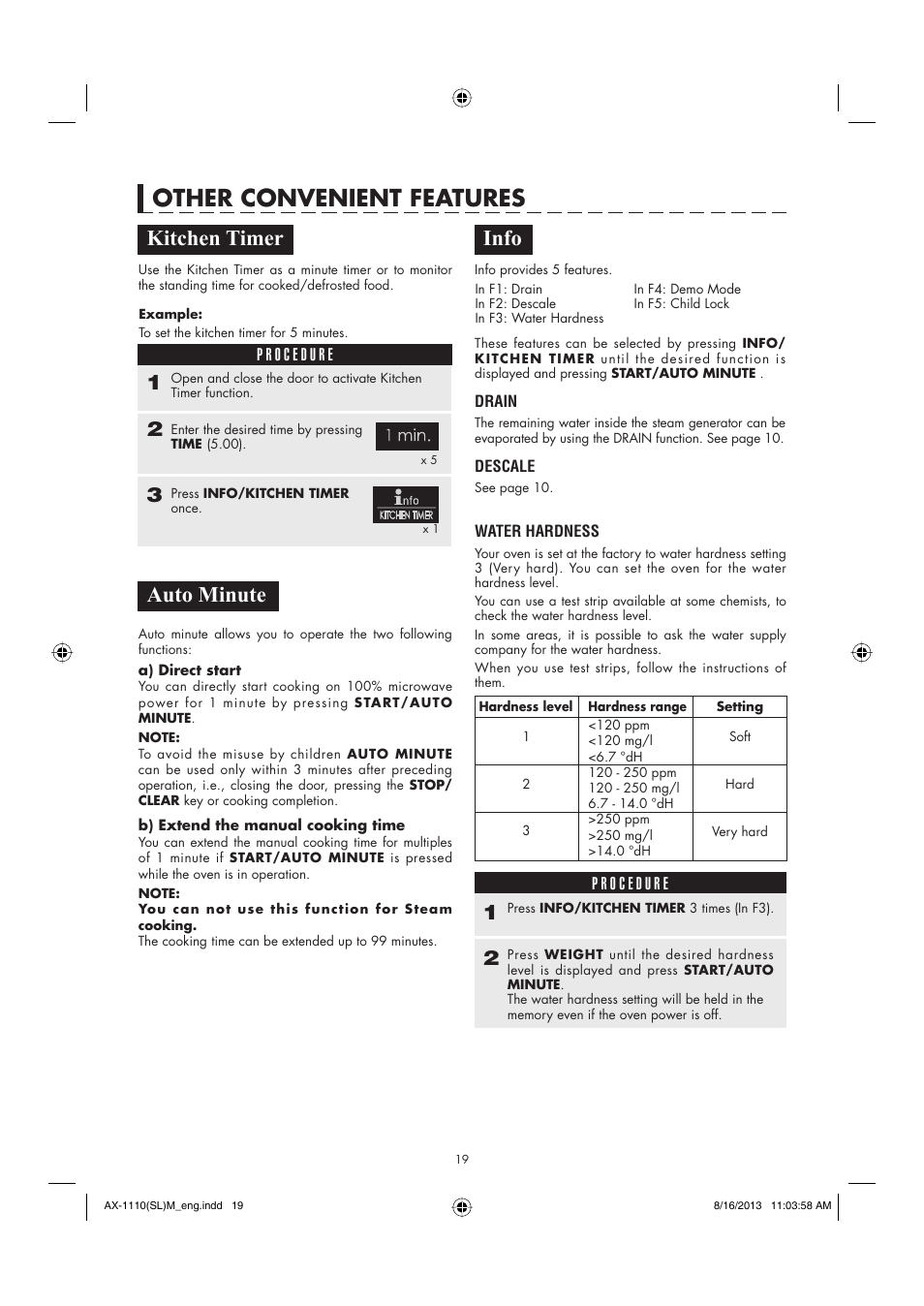 Other convenient features, Kitchen timer auto minute, Info | Sharp AX-1110SLM User Manual | Page 21 / 59