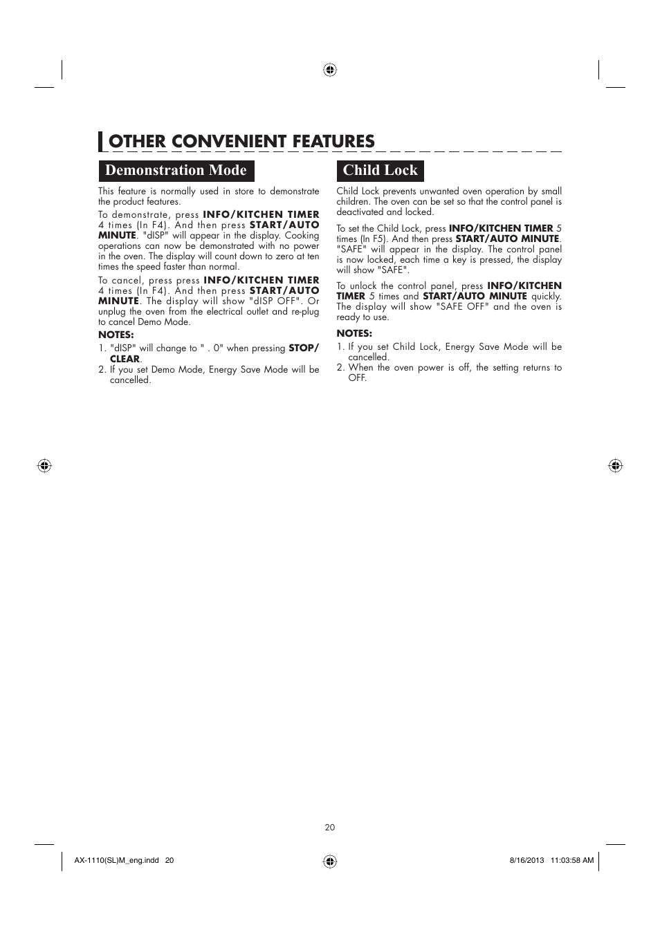 Other convenient features, Demonstration mode child lock | Sharp AX-1110SLM User Manual | Page 22 / 59