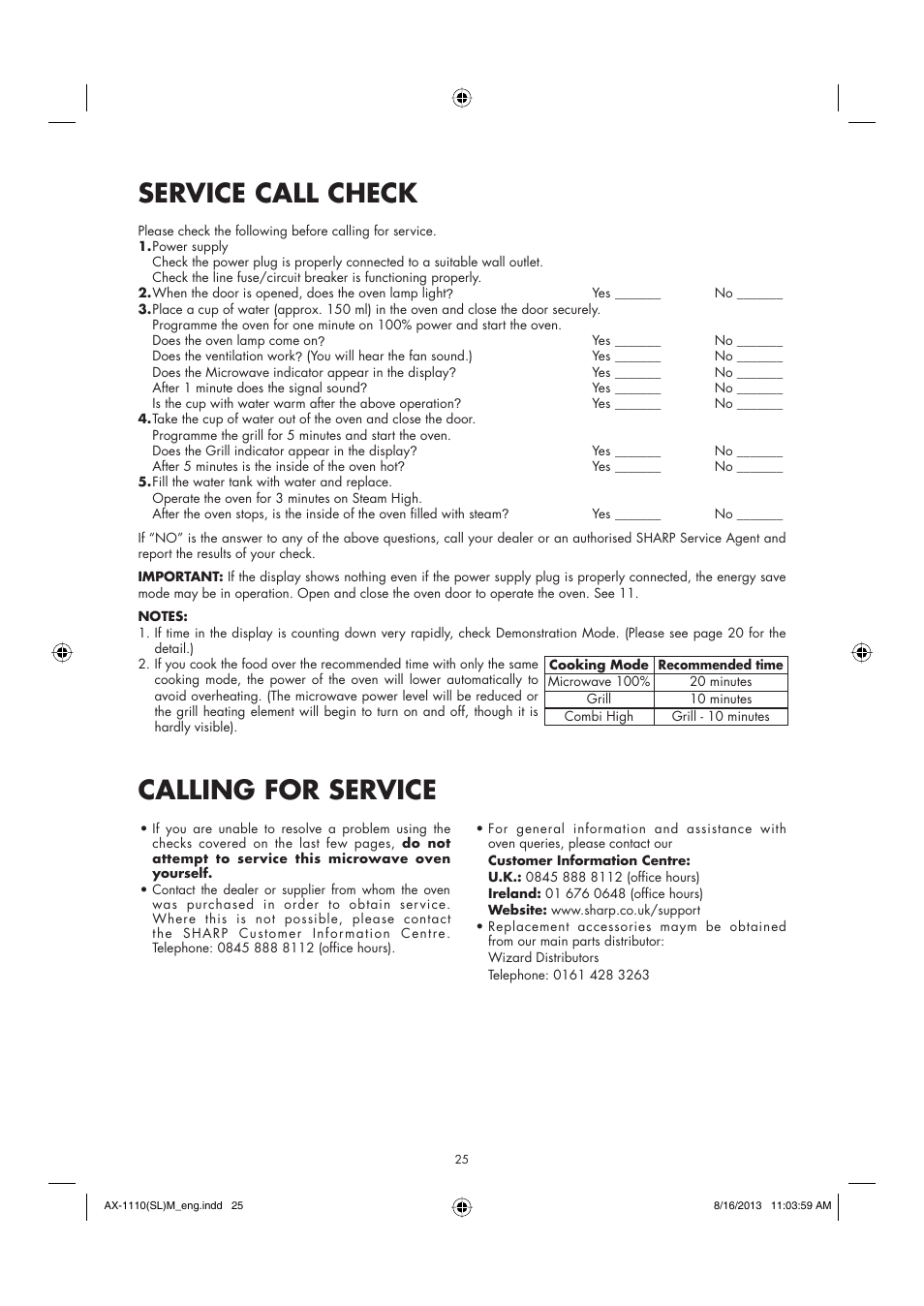 Service call check, Calling for service | Sharp AX-1110SLM User Manual | Page 27 / 59