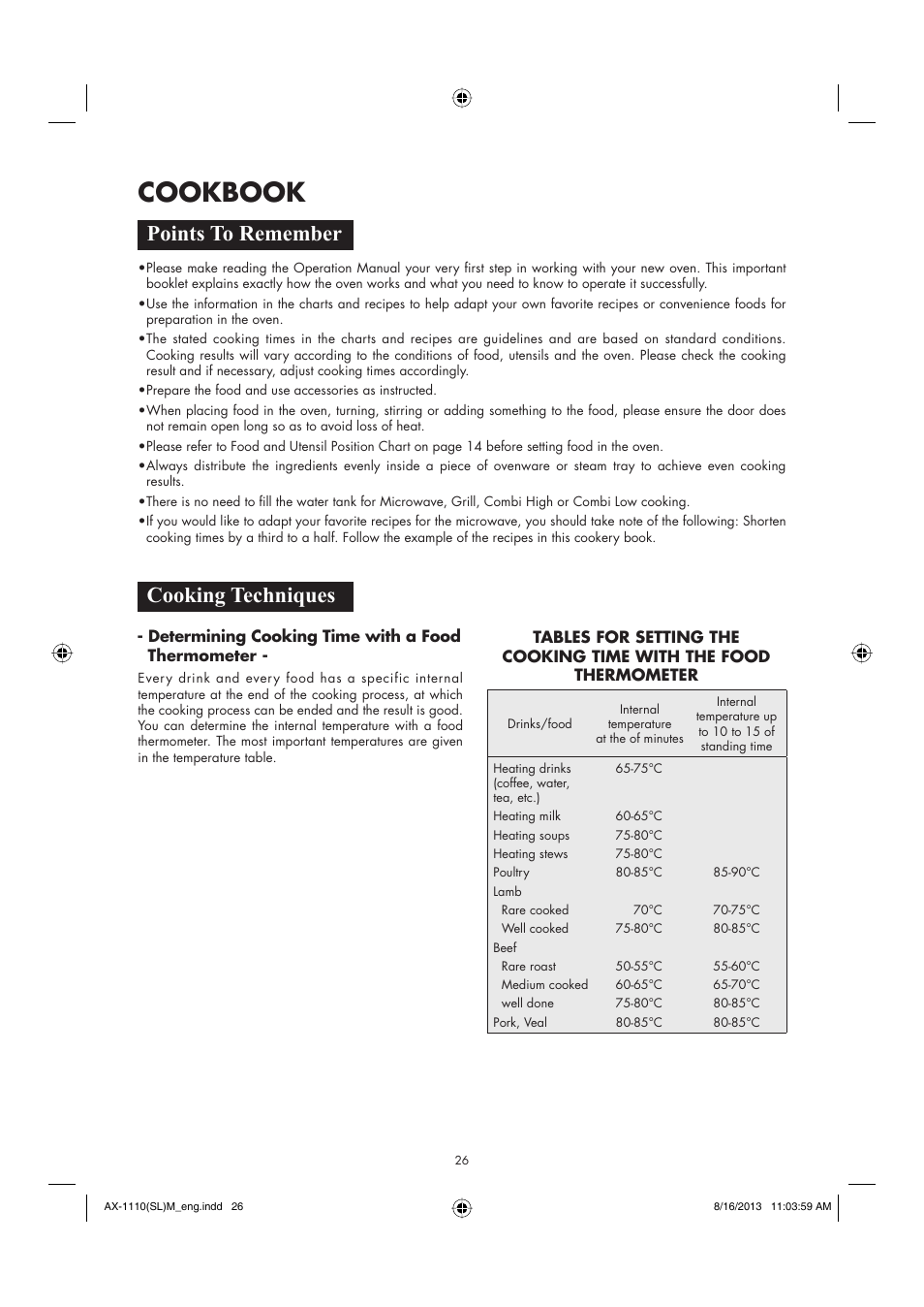 Cookbook, Points to remember, Cooking techniques | Sharp AX-1110SLM User Manual | Page 28 / 59