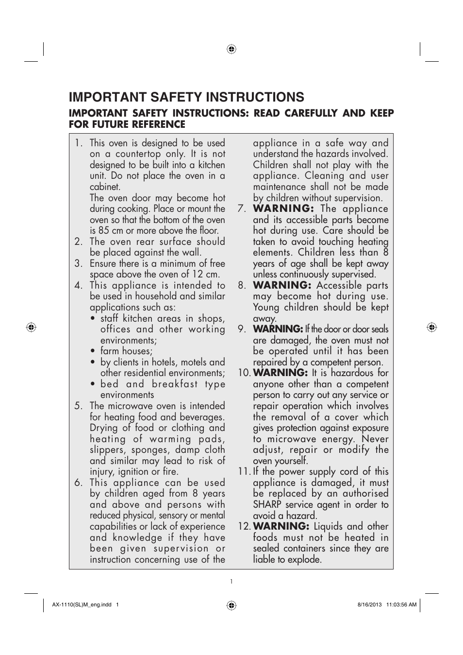 Important safety instructions | Sharp AX-1110SLM User Manual | Page 3 / 59
