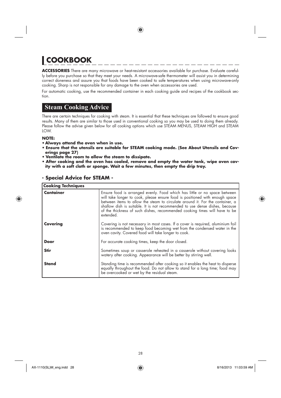 Cookbook, Steam cooking advice | Sharp AX-1110SLM User Manual | Page 30 / 59