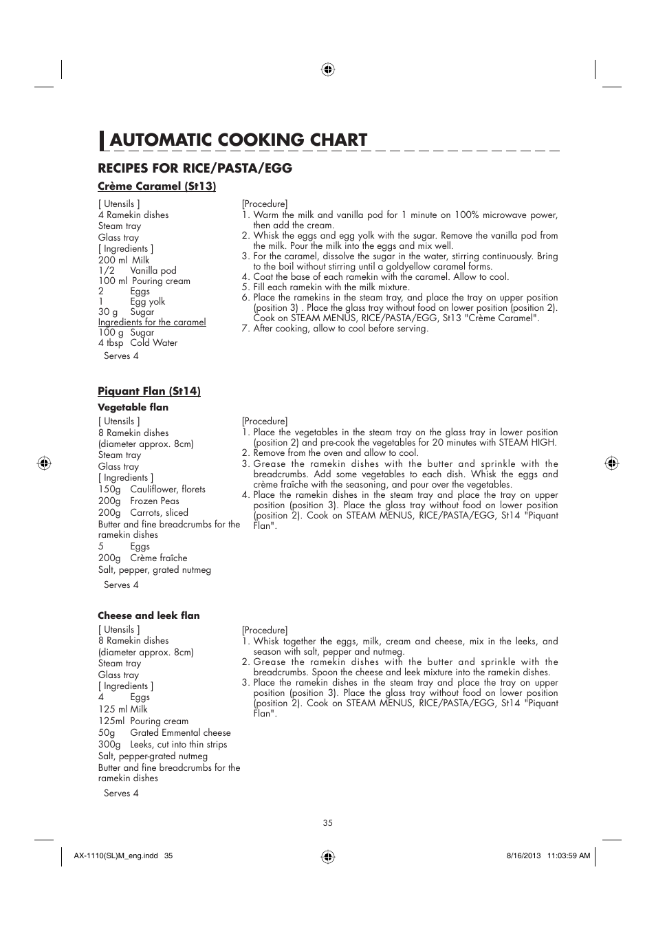 Automatic cooking chart, Recipes for rice/pasta/egg | Sharp AX-1110SLM User Manual | Page 37 / 59