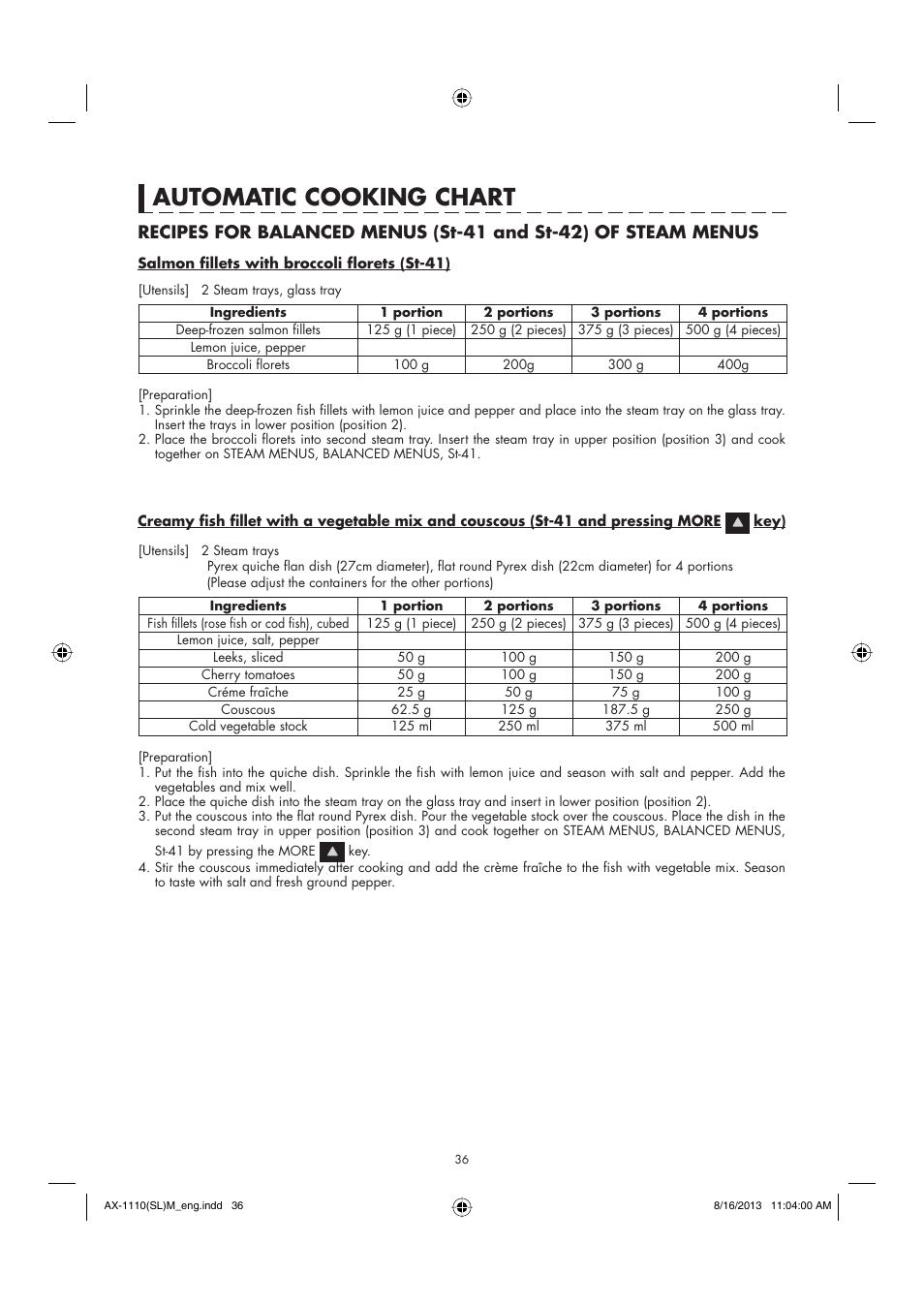 Automatic cooking chart | Sharp AX-1110SLM User Manual | Page 38 / 59