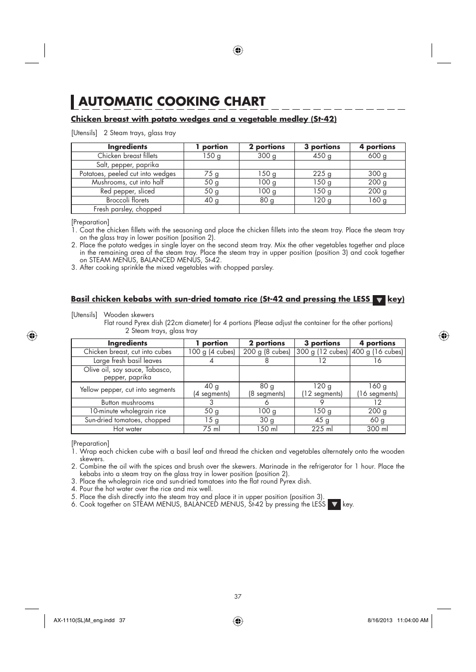 Automatic cooking chart | Sharp AX-1110SLM User Manual | Page 39 / 59
