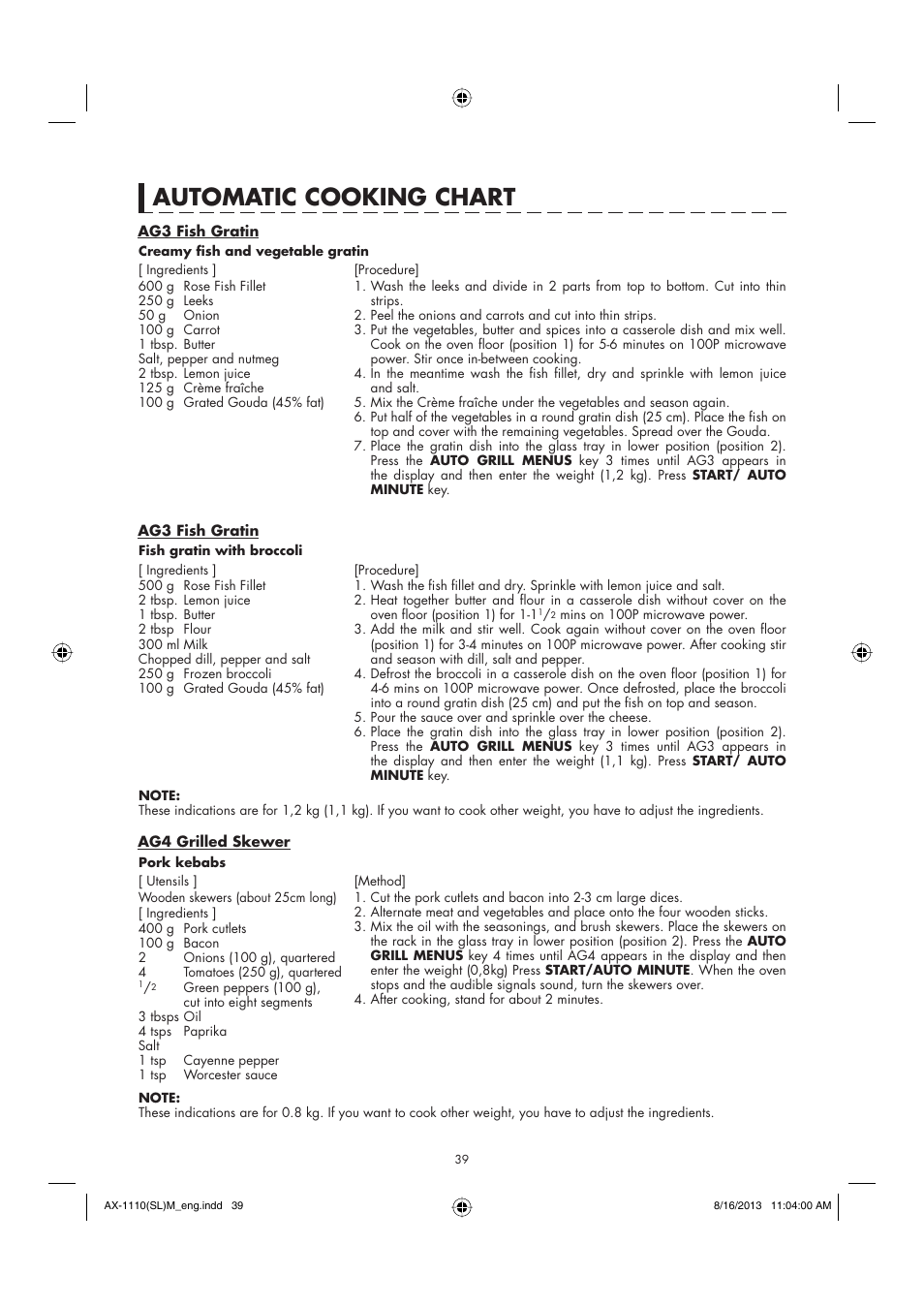 Automatic cooking chart | Sharp AX-1110SLM User Manual | Page 41 / 59
