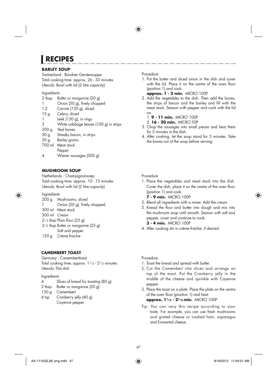 Recipes | Sharp AX-1110SLM User Manual | Page 49 / 59
