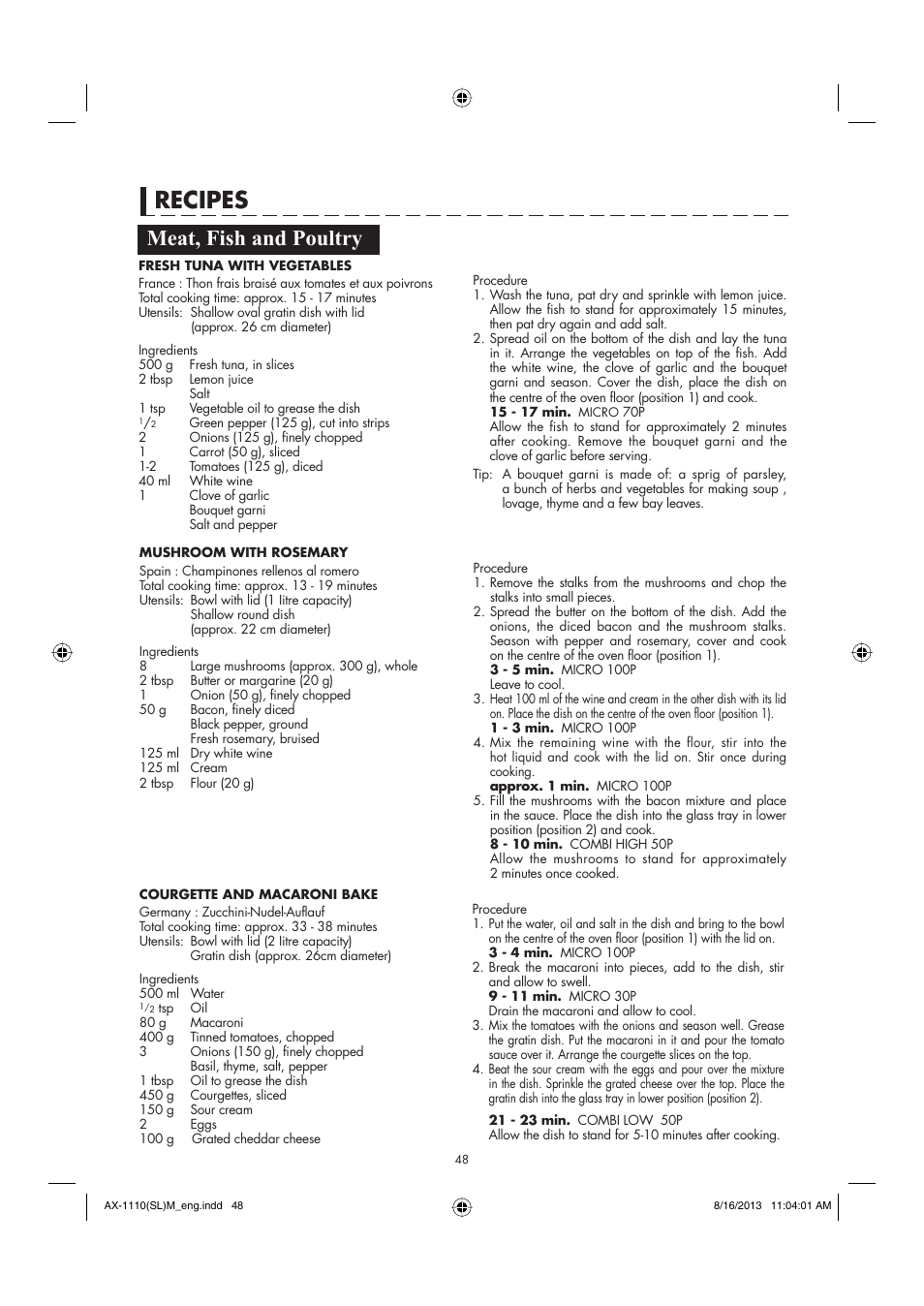 Recipes, Meat, fish and poultry | Sharp AX-1110SLM User Manual | Page 50 / 59