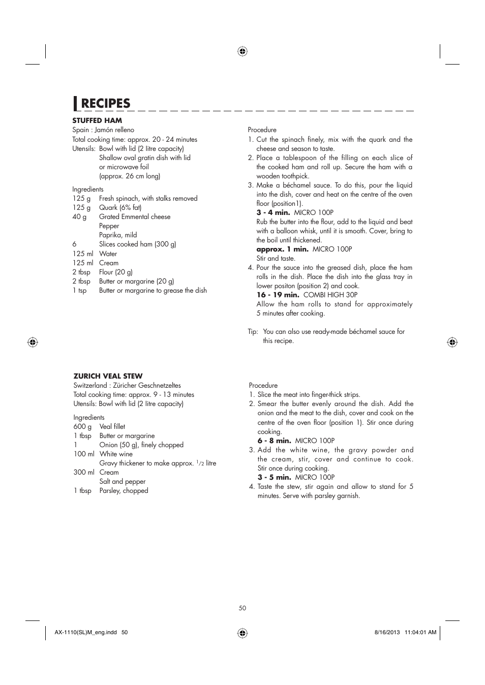 Recipes | Sharp AX-1110SLM User Manual | Page 52 / 59