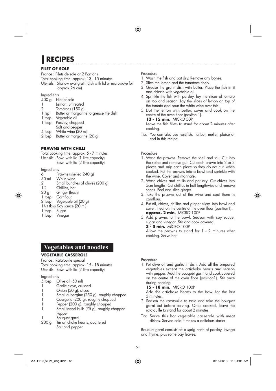 Recipes, Vegetables and noodles | Sharp AX-1110SLM User Manual | Page 53 / 59