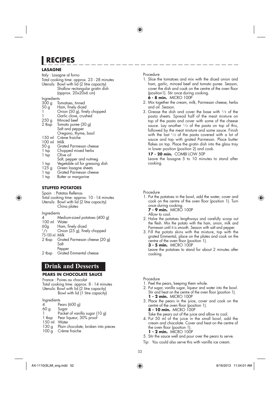 Recipes, Drink and desserts | Sharp AX-1110SLM User Manual | Page 54 / 59