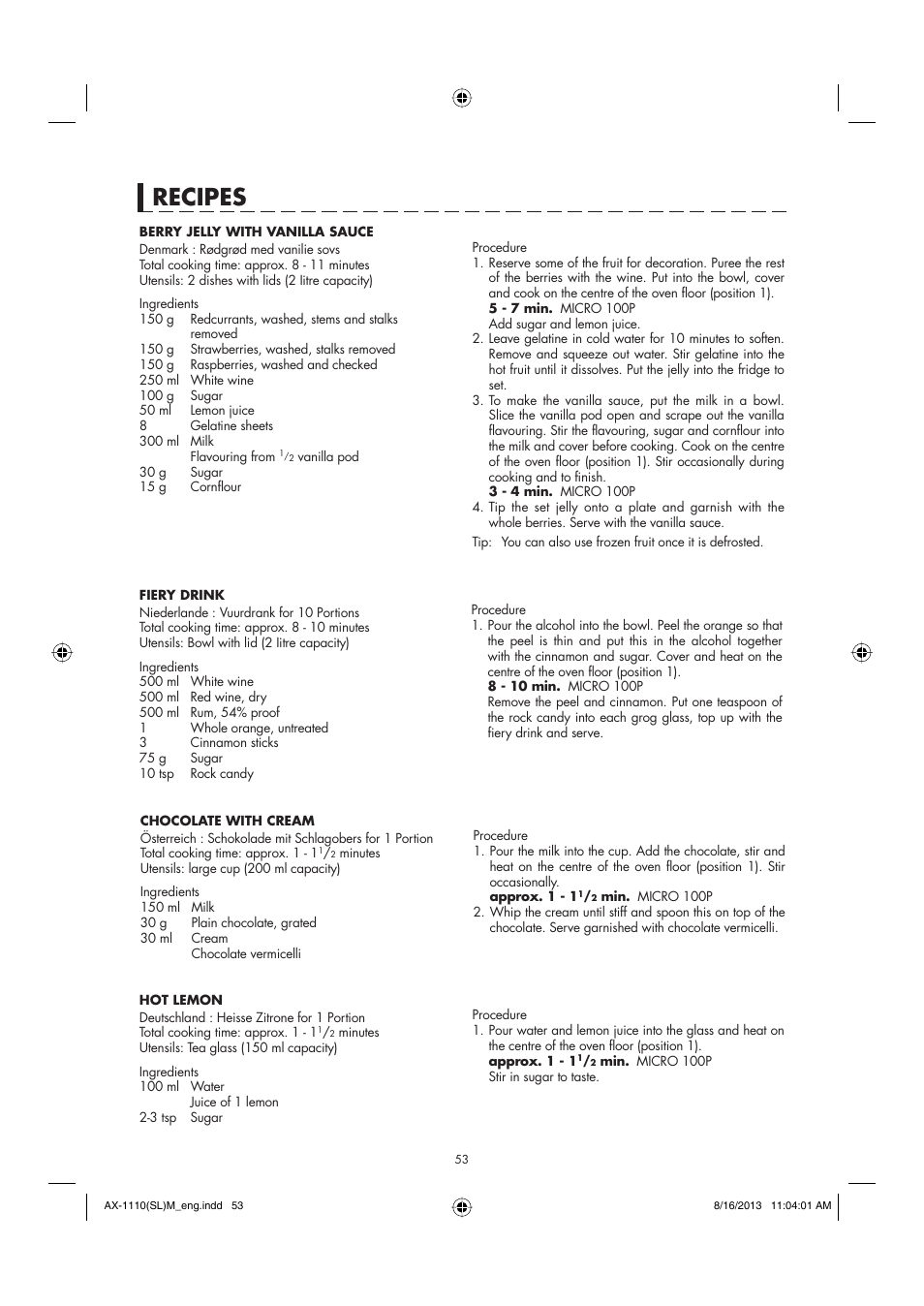 Recipes | Sharp AX-1110SLM User Manual | Page 55 / 59