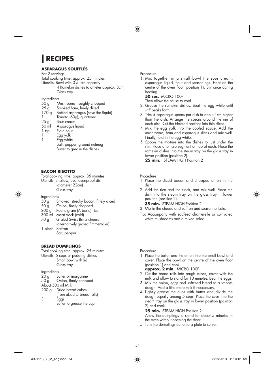 Recipes | Sharp AX-1110SLM User Manual | Page 56 / 59