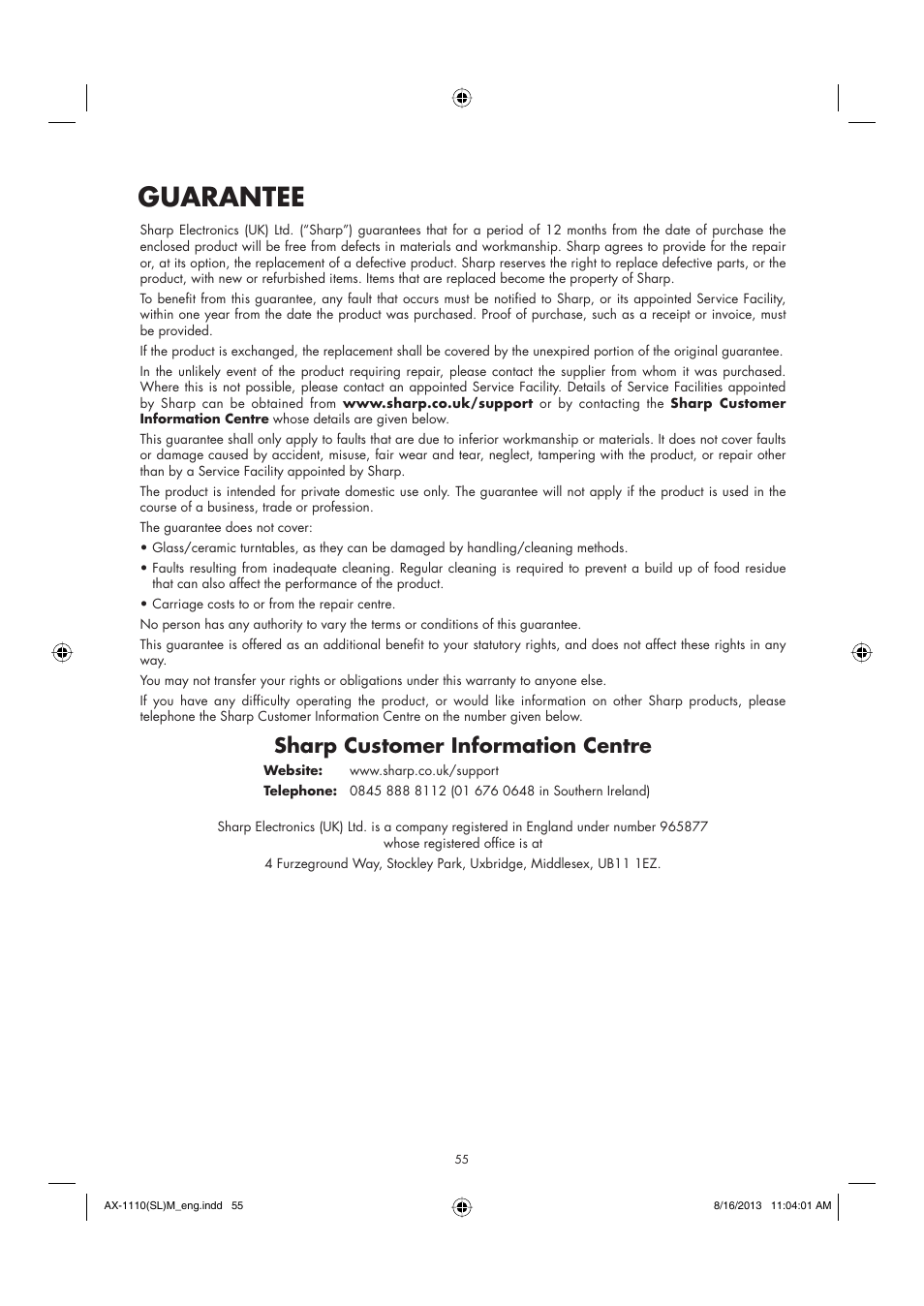 Guarantee, Sharp customer information centre | Sharp AX-1110SLM User Manual | Page 57 / 59