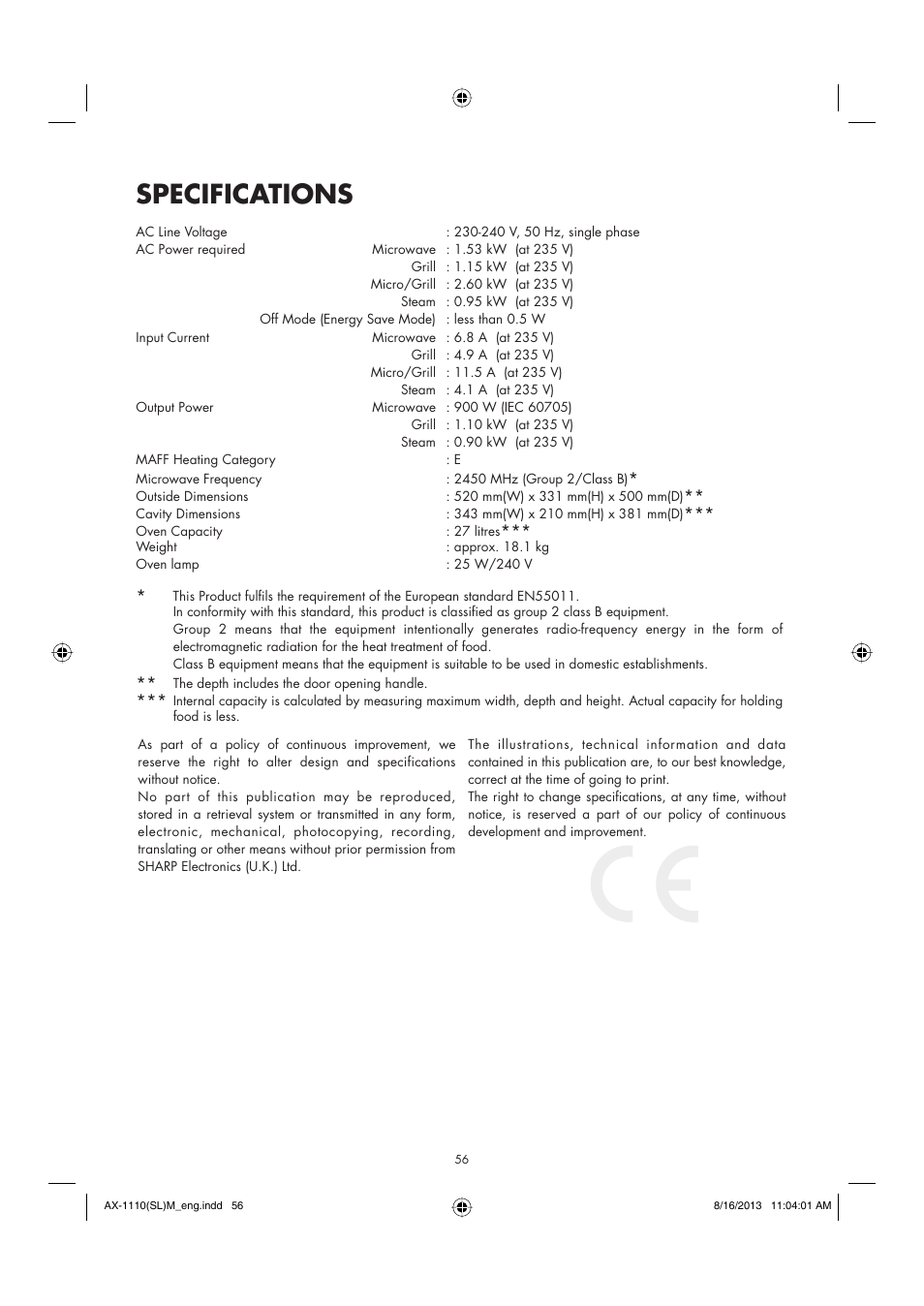 Specifications | Sharp AX-1110SLM User Manual | Page 58 / 59