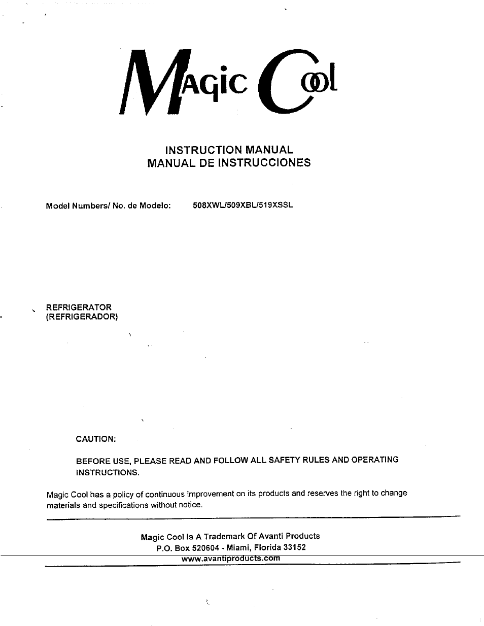 Avanti 509XBL User Manual | 14 pages