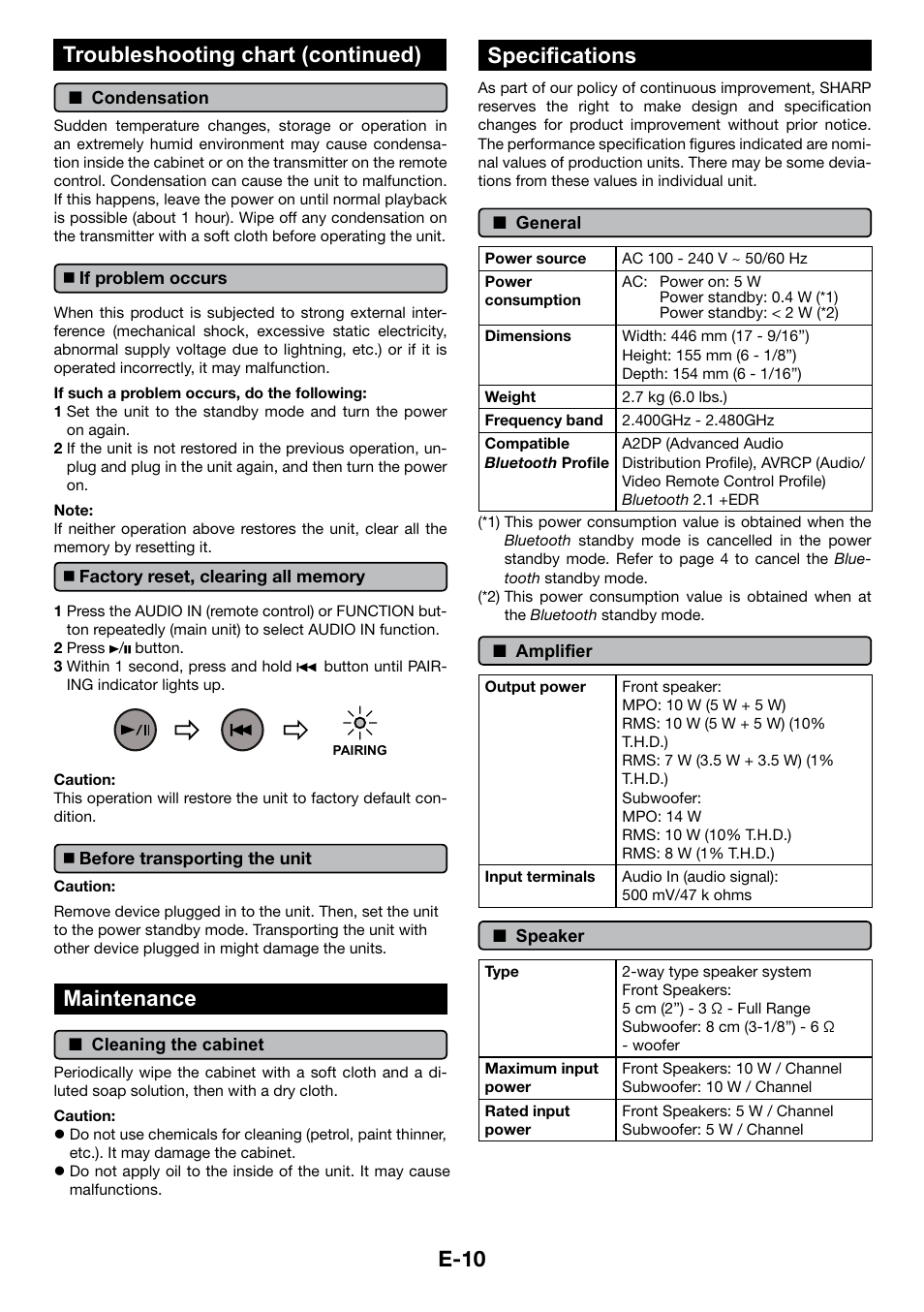 If problem occurs, Factory reset, clearing all memory, Before transporting the unit | Maintenance, Specifications, E-10 troubleshooting chart (continued) | Sharp GX-BT3 User Manual | Page 11 / 16