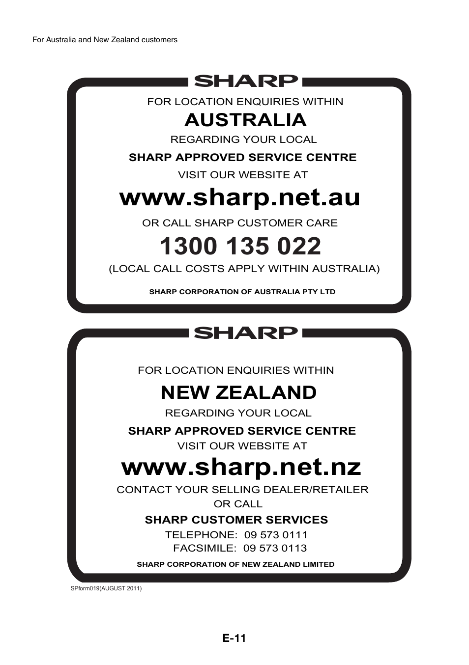Warranty, Consumer electronic products, New zealand | Australia, Sharp, E-11, Sharp customer services, Sharp approved service centre | Sharp GX-BT3 User Manual | Page 12 / 16