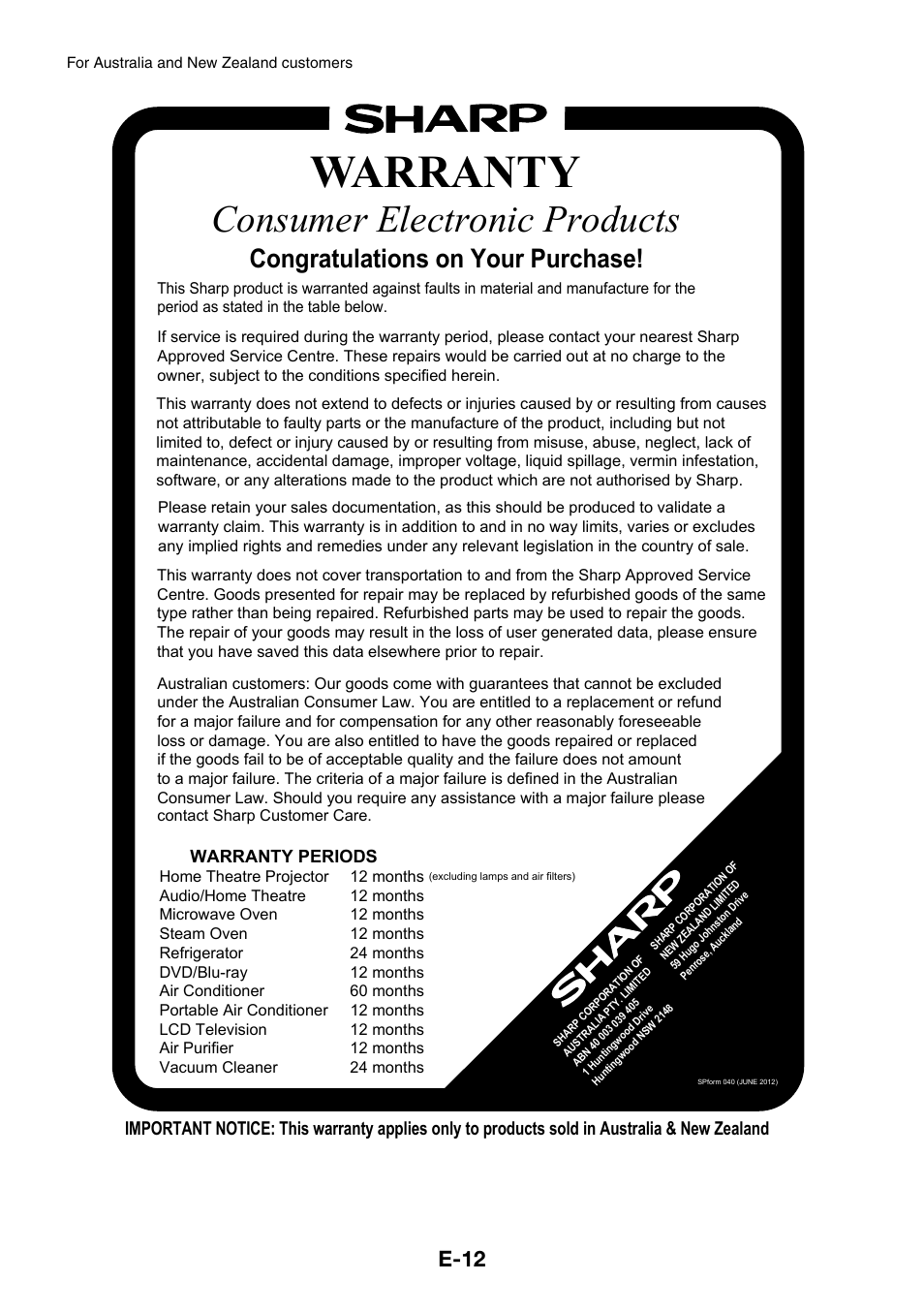 Warranty, Consumer electronic products, New zealand | Australia, Sharp, E-12, Sharp customer services, Sharp approved service centre, For location enquiries within, Regarding your local | Sharp GX-BT3 User Manual | Page 13 / 16