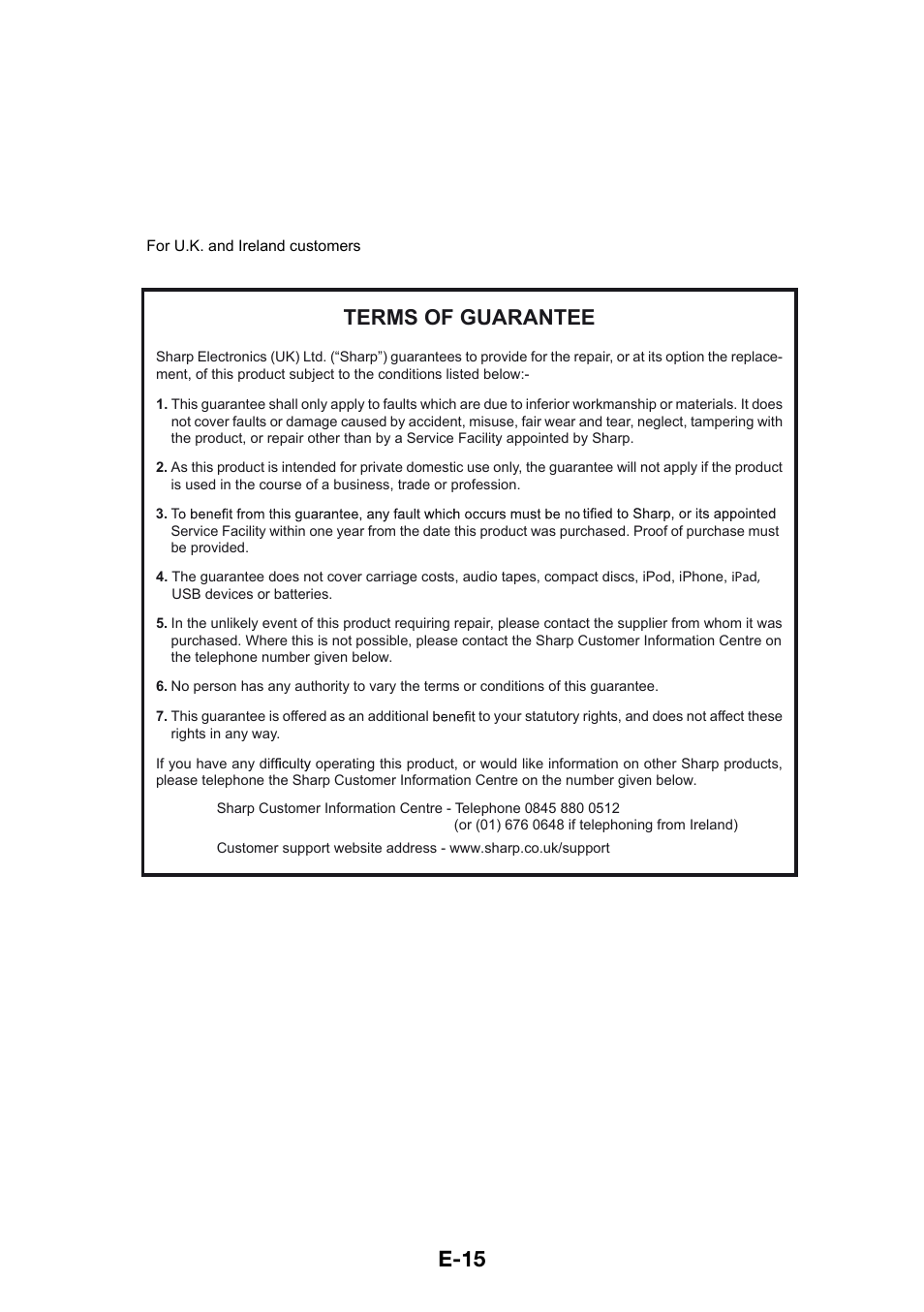 E-15 terms of guarantee | Sharp GX-BT3 User Manual | Page 16 / 16