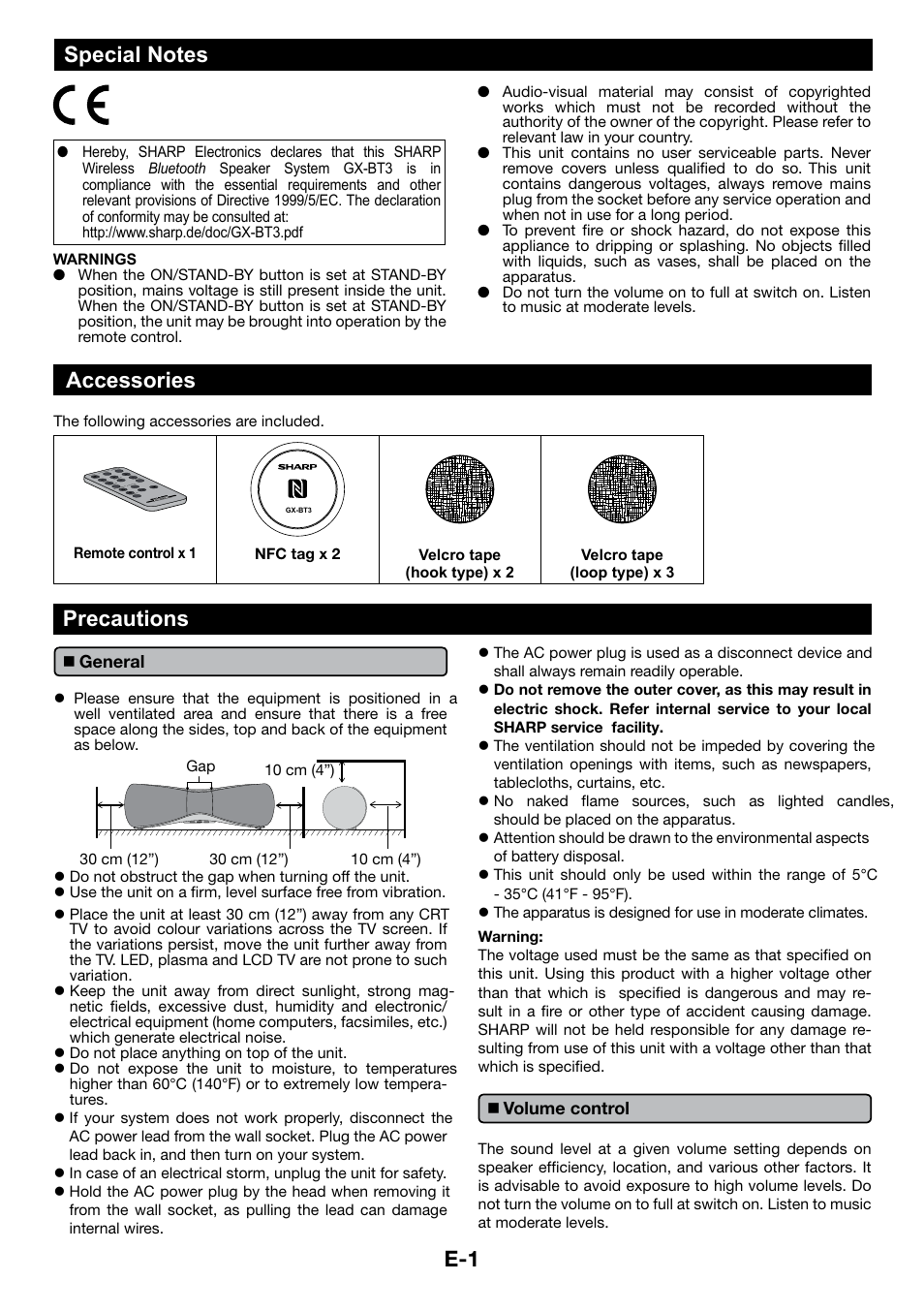 Special notes, Accessories, Precautions | General, Volume control, E-1 accessories | Sharp GX-BT3 User Manual | Page 2 / 16