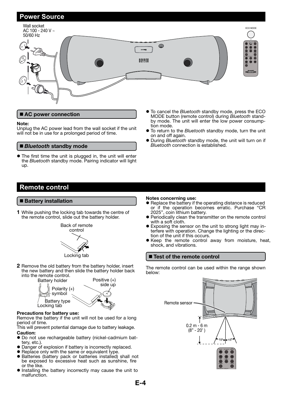 Power source, Ac power connection, Bluetooth stand-by mode | Remote control, Battery installation, Test of the remote control, E-4 power source, Bluetooth standby mode, Battery installation 1 | Sharp GX-BT3 User Manual | Page 5 / 16