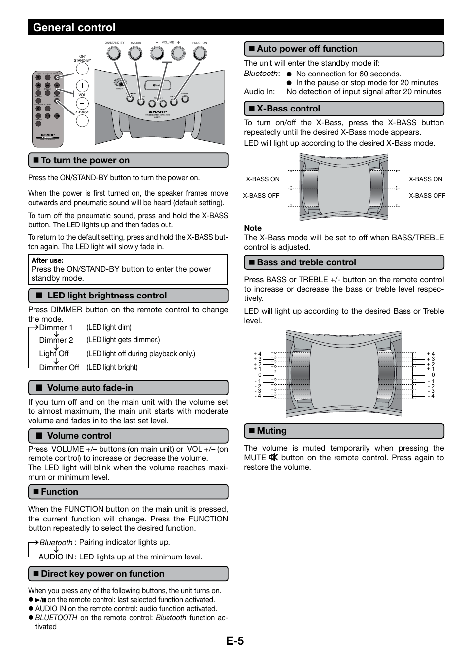 General control, To turn the power on, Function | Direct key power on function, Auto power off function, X-bass control, Bass and treble control, Muting, Led light brightness control, Volume auto fade-in | Sharp GX-BT3 User Manual | Page 6 / 16