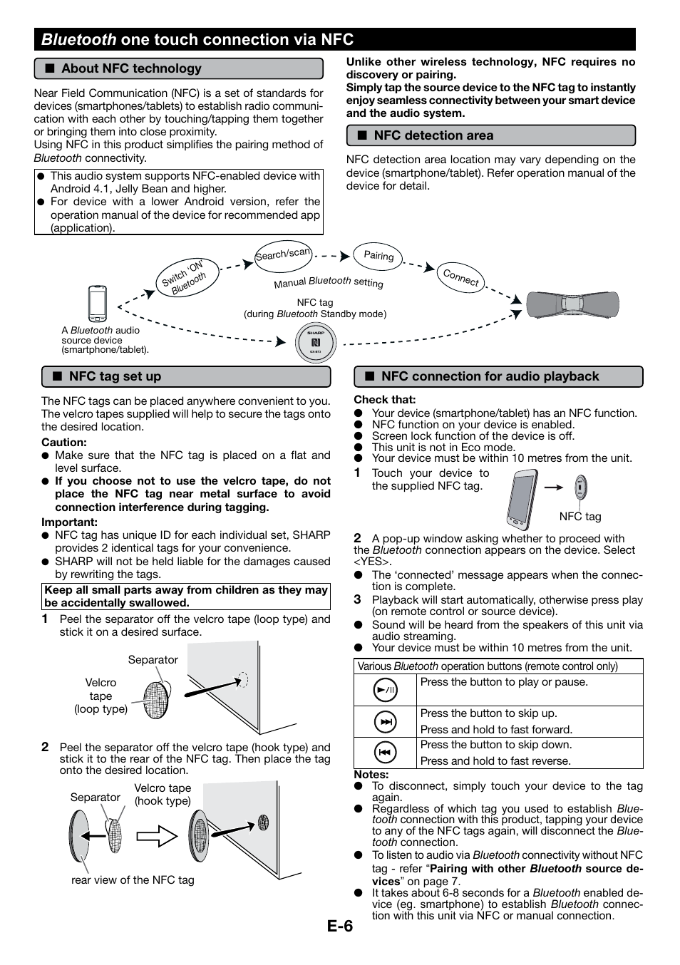 Bluetooth one touch connection via nfc, E-6 bluetooth one touch connection via nfc | Sharp GX-BT3 User Manual | Page 7 / 16