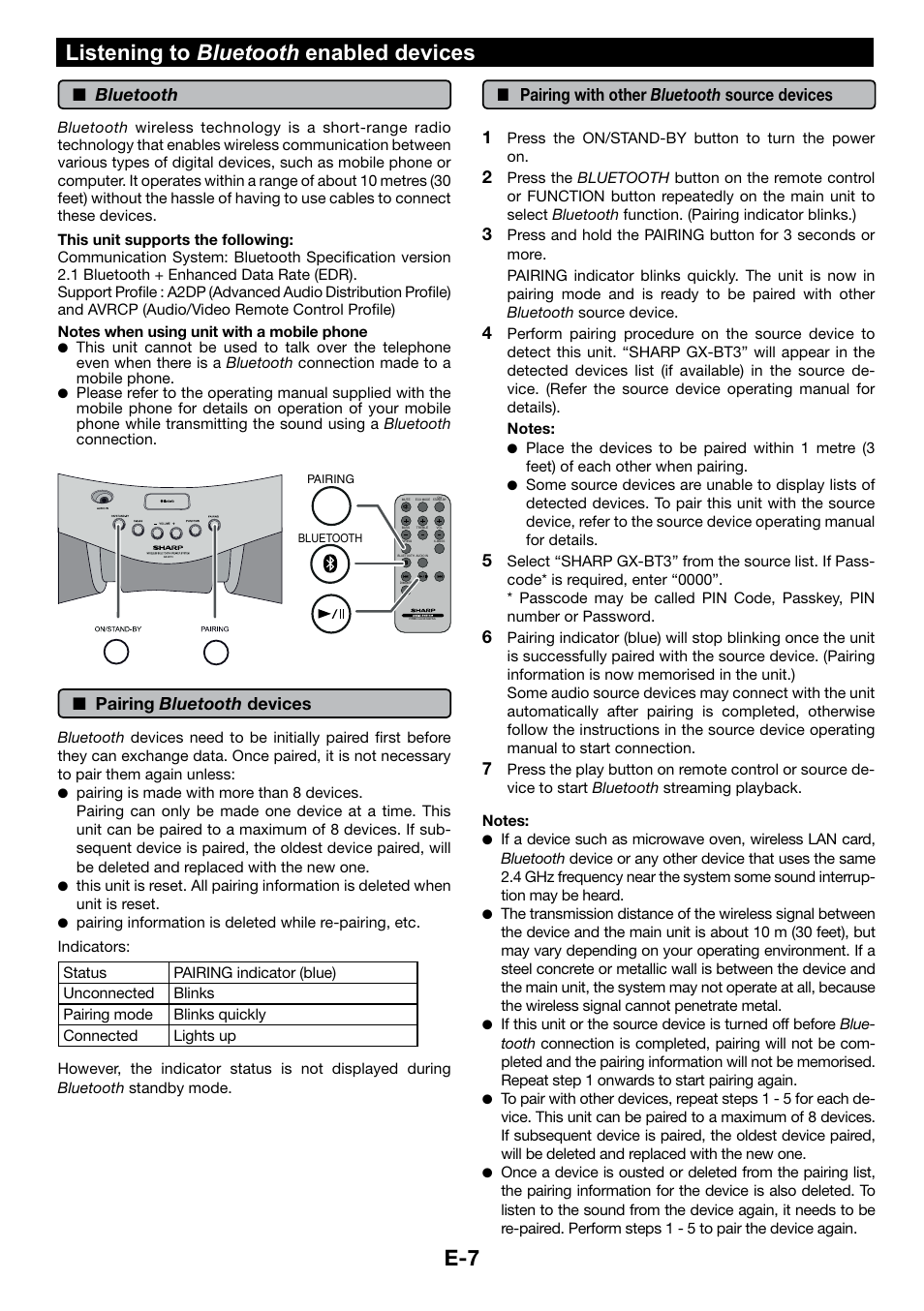 Listening to bluetooth enabled devices, E-7 listening to bluetooth enabled devices, Bluetooth | Pairing bluetooth devices, Pairing with other bluetooth source devices 1 | Sharp GX-BT3 User Manual | Page 8 / 16