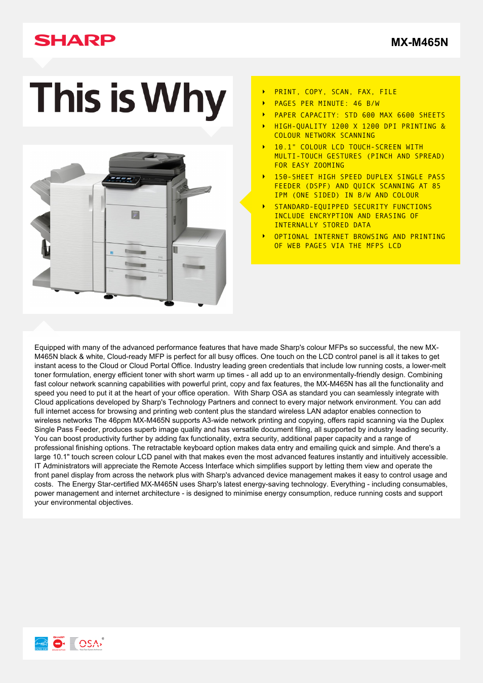 Sharp MX-M465N User Manual | 2 pages