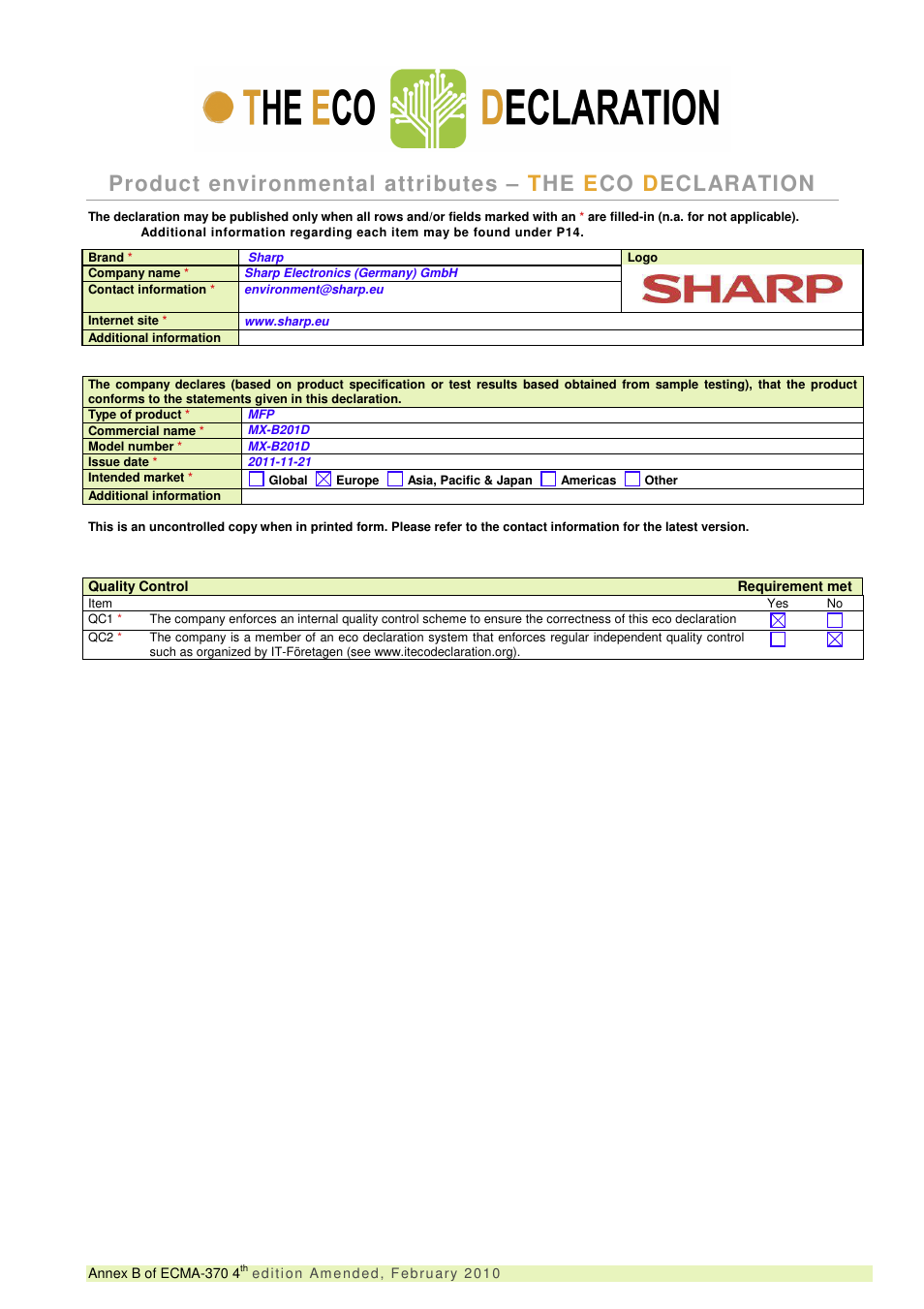 Sharp MX-B201D User Manual | 6 pages