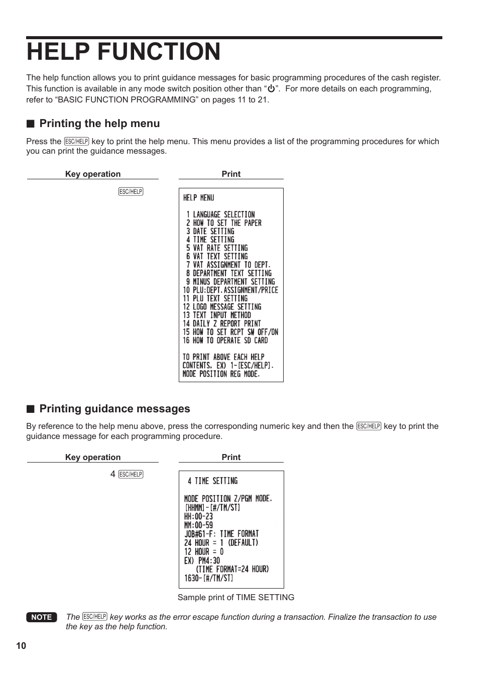 Help function, Printing the help menu, Printing guidance messages | Sharp XE-A137-BK User Manual | Page 12 / 86