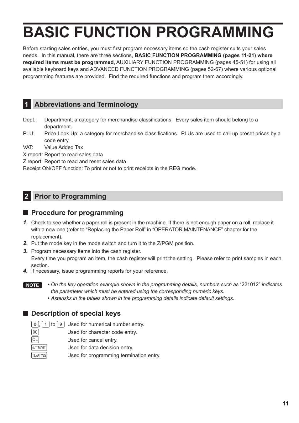 Basic function programming, 1 abbreviations and terminology, 2 prior to programming | Sharp XE-A137-BK User Manual | Page 13 / 86