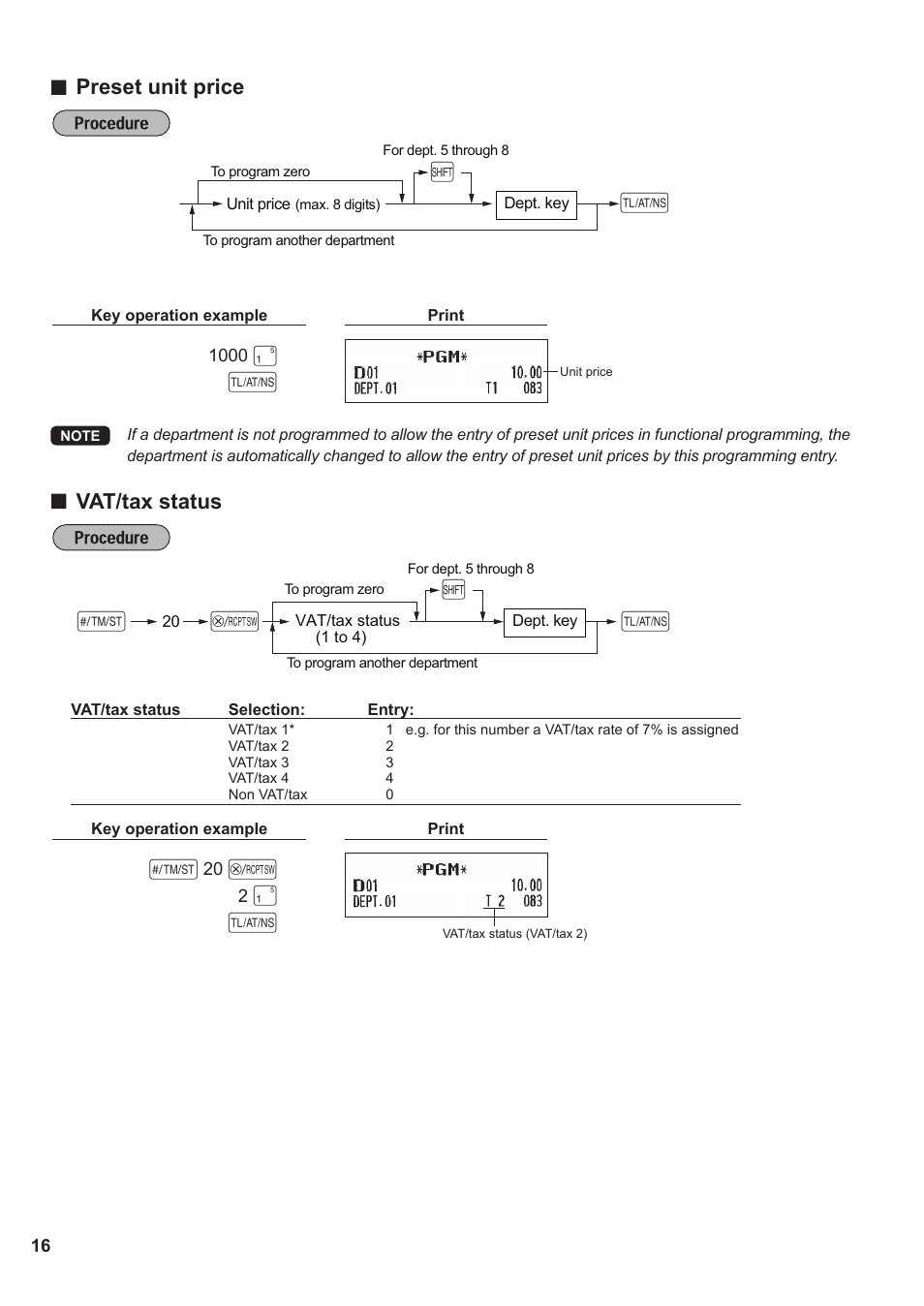 As @ h, Preset unit price, Vat/tax status | Sharp XE-A137-BK User Manual | Page 18 / 86