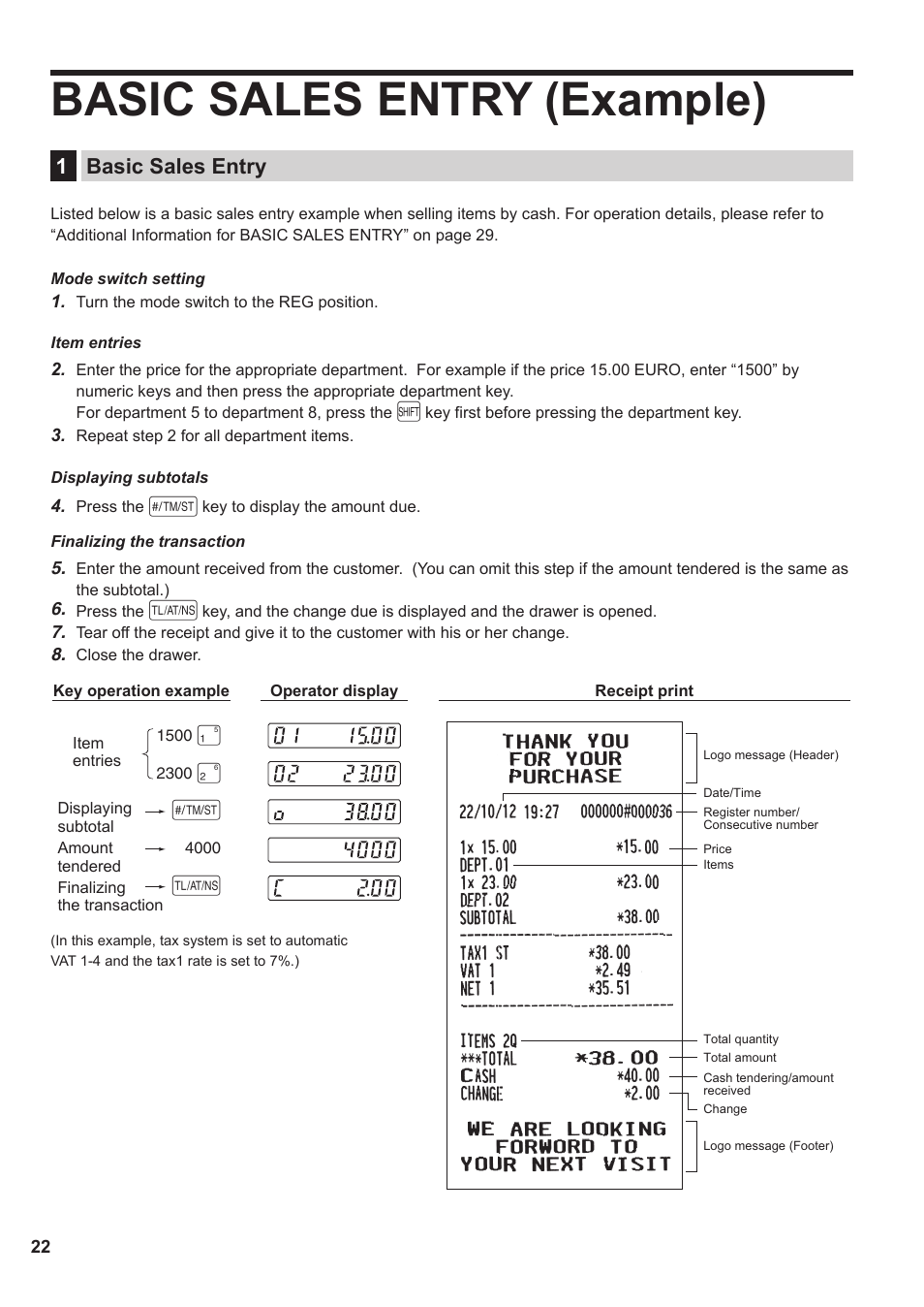 Basic sales entry (example), 1 basic sales entry, 1basic sales entry | Sharp XE-A137-BK User Manual | Page 24 / 86